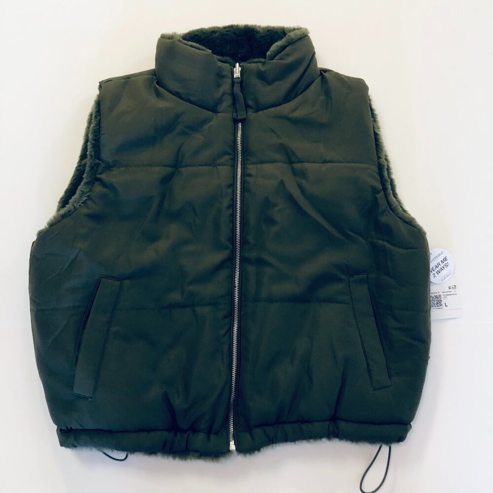 Forever 21 Zip Up Puffer Vest Jacket 2 Way Reversible Plush Trim Size L Green - Picture 2 of 16
